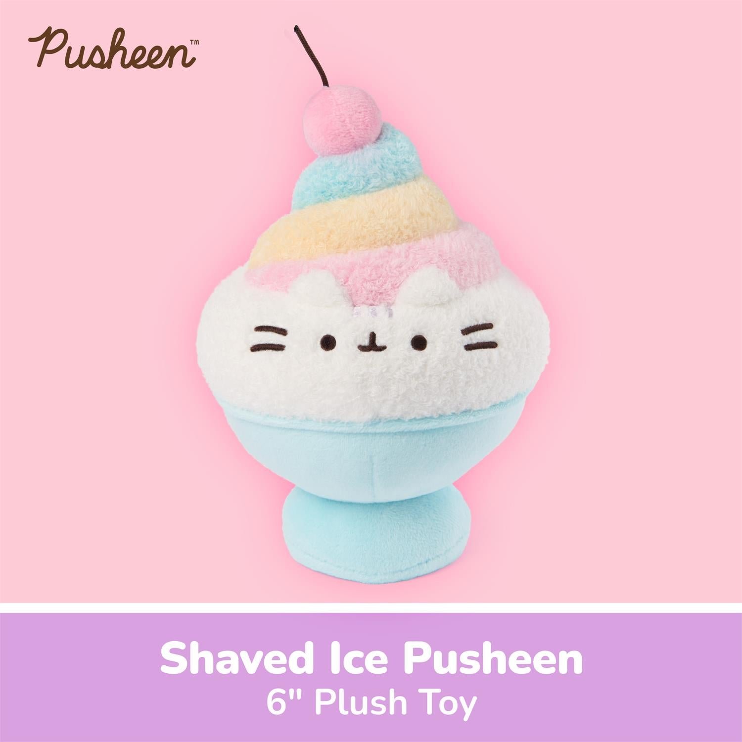 A Pusheen 'Shaved Ice' plush toy shown against a pink background with a purple text banner at the bottom. The plush features Pusheen's face on a white shaved-ice-like top with pastel blue, pink, and yellow stripes, and a light blue base.