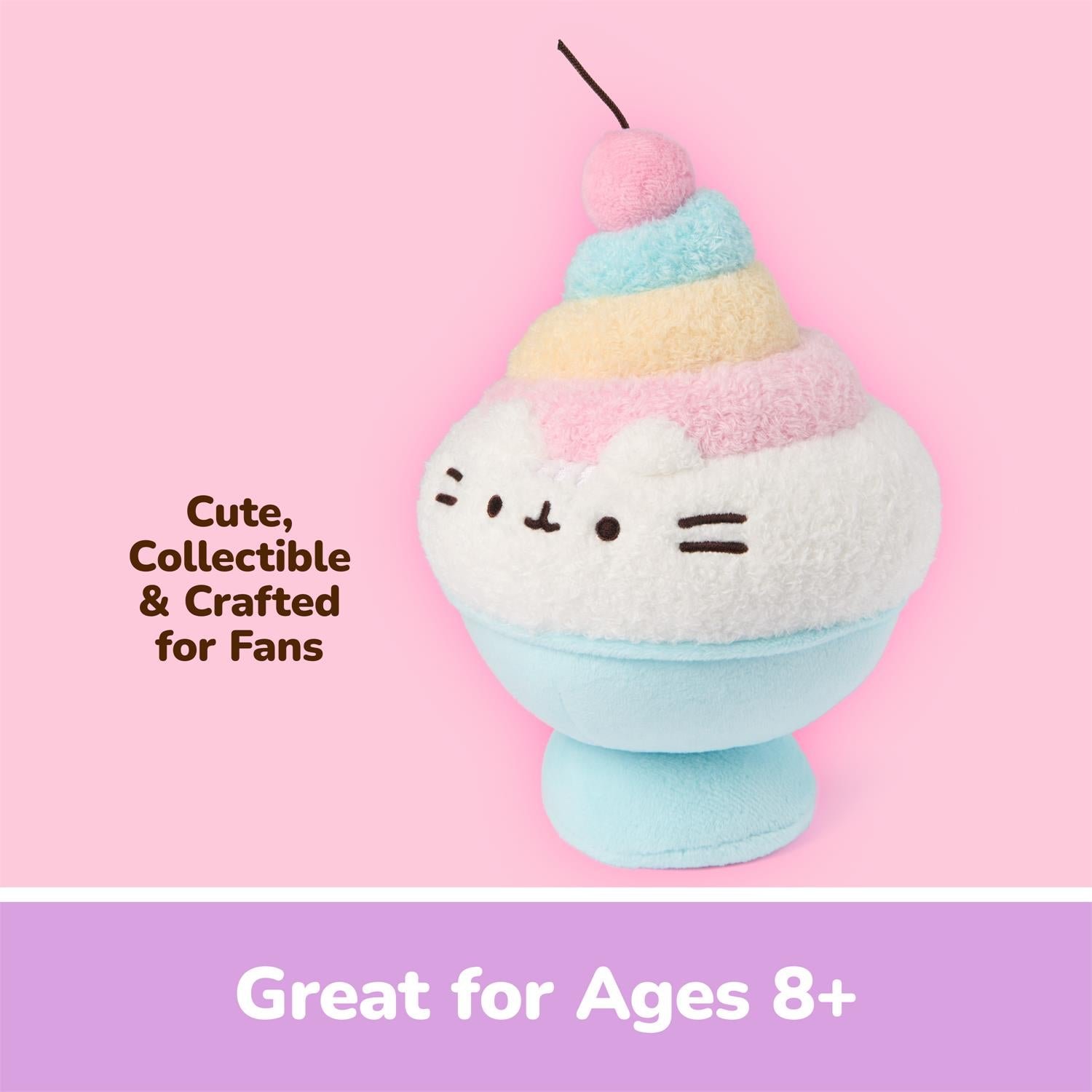 A plush collectible toy shaped like a cupcake with pastel pink, blue, and yellow frosting, a white face, and a light blue base, shown on a pink background with text reading 'Cute, Collectible & Crafted for Fans' and 'Great for Ages 8+'.