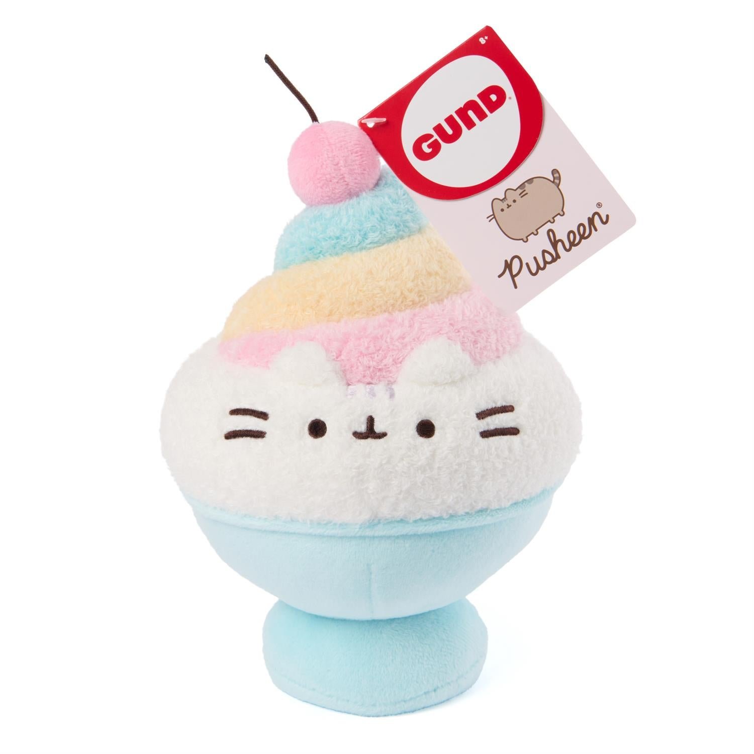 Plush toy resembling a ice cream sundae with Pusheen branding on a white background