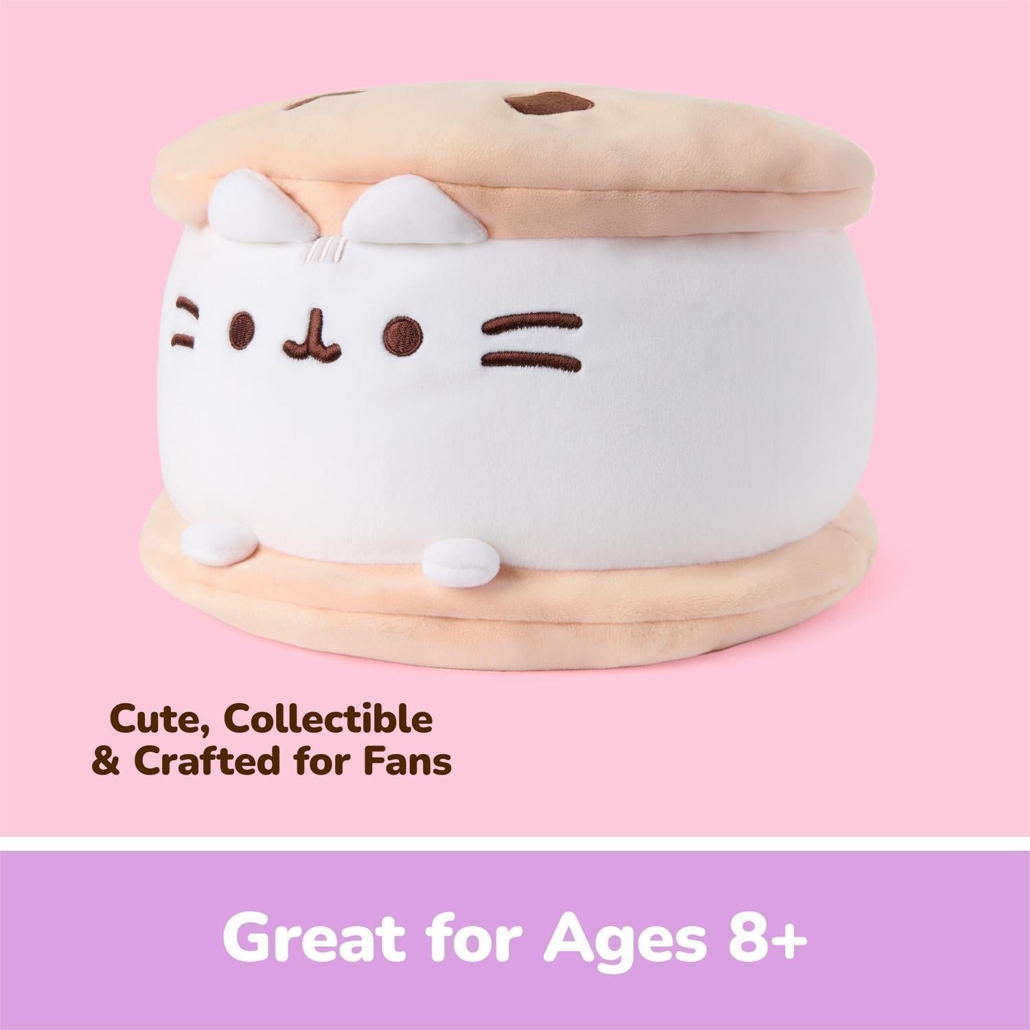 A plush collectible pouf shaped like Pusheen the cat sitting in a sandwich, with a white body, beige top and bottom, and simple brown facial features. The image is on a pink background with text reading 'Cute, Collectible & Crafted for Fans' and 'Great for Ages 8+'.