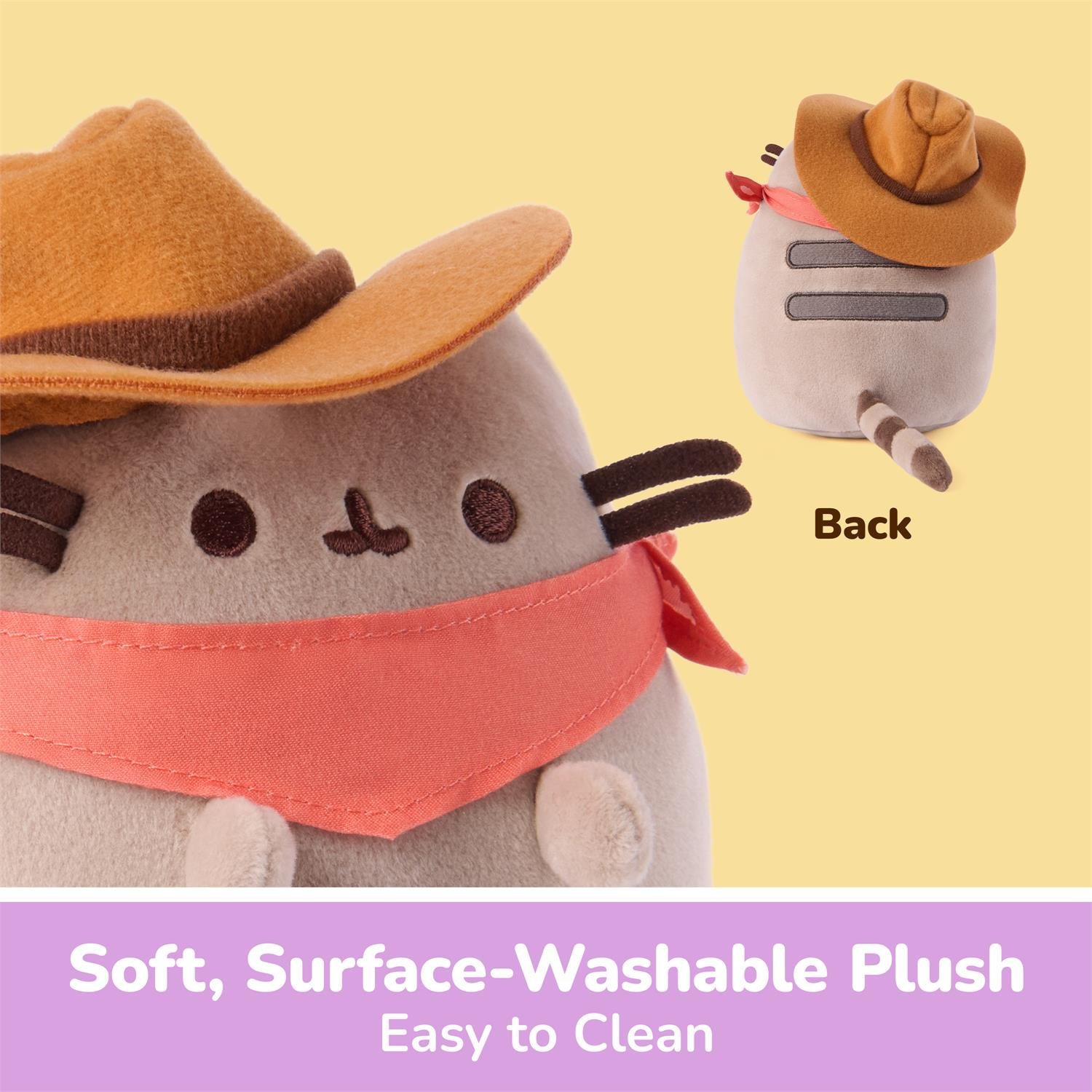 A plush toy character wearing a brown cowboy hat and pink bandana, shown on a pale yellow background with a smaller inset view labeled 'Back' and text at the bottom reading 'Soft, Surface-Washable Plush Easy to Clean'.