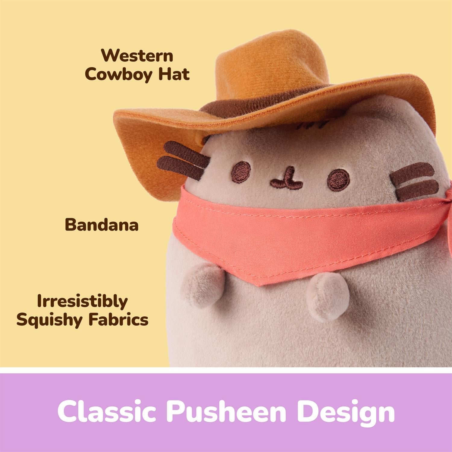 A plush toy styled like Pusheen wearing a brown cowboy hat, pink bandana, and gray body, shown on a pale yellow background with text labels pointing to the hat, bandana, and squishy fabric. A purple banner at the bottom reads 'Classic Pusheen Design.