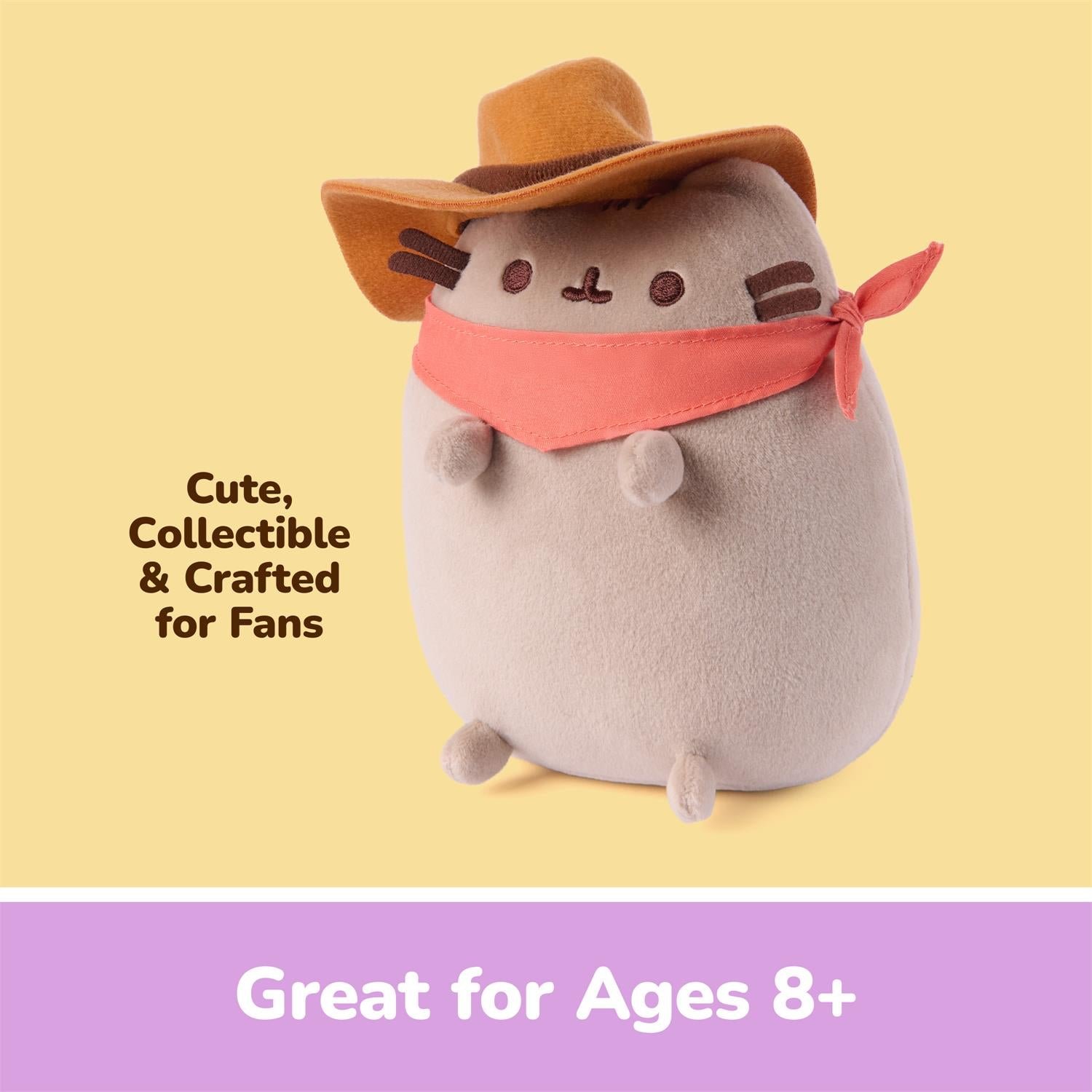 A plush Pusheen character toy wearing a brown cowboy hat and pink bandana, centered on a pale yellow background with text reading 'Cute, Collectible & Crafted for Fans' and a purple banner at the bottom reading 'Great for Ages 8+'.