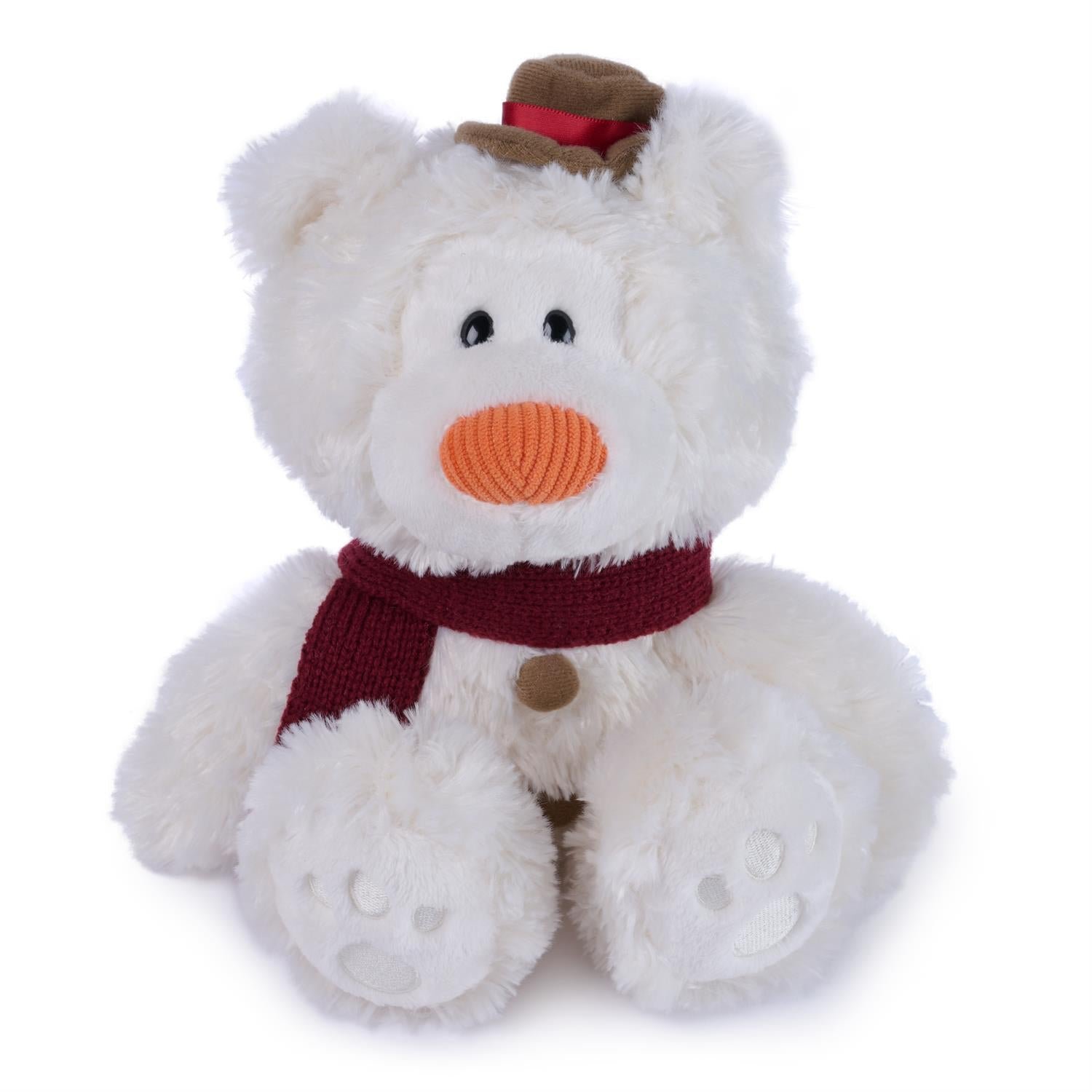 A white plush teddy bear wearing a small brown hat with a red band and a dark red knit scarf, sitting against a plain white background.