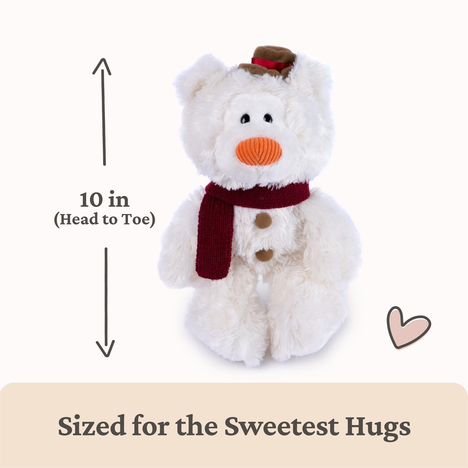A white plush teddy bear wearing a dark red scarf and brown hat, shown on a light background with measurement text indicating 10 inches head to toe and the phrase 'Sized for the Sweetest Hugs'.