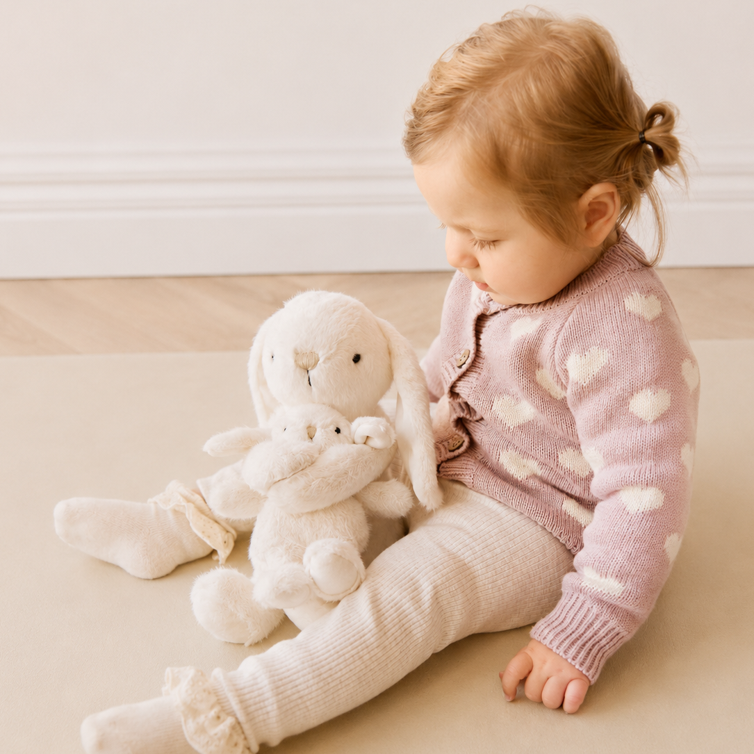 Cream plush hugging bunny set by Snuggle Bunnies, mama and baby, soft textured fur, side view with child in pink heart cardigan, beige ribbed pants, ruffled socks, sitting on neutral rug.