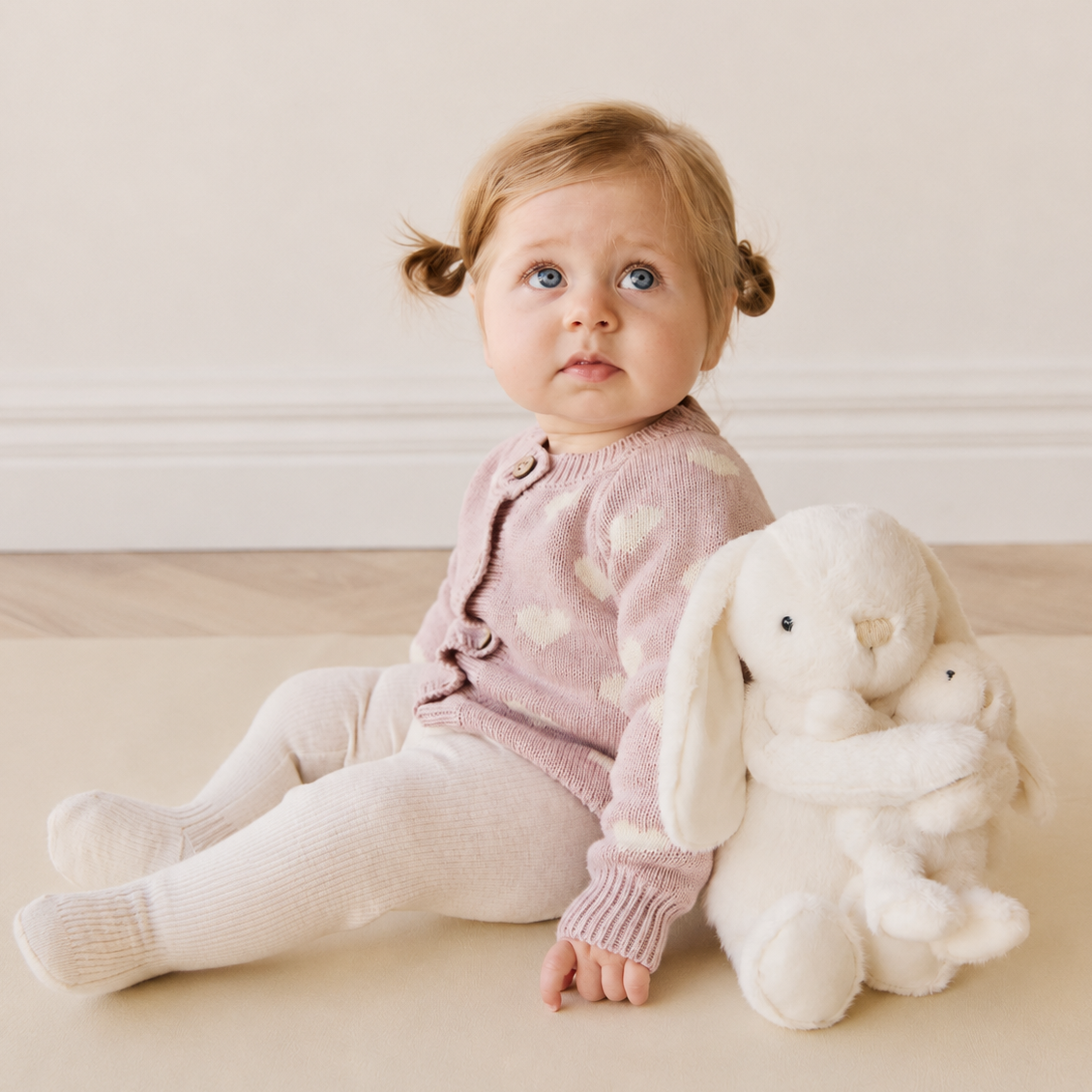 Cream plush hugging bunny set with mama and baby by Snuggle Bunnies, soft textured fur, side view with child in pink heart sweater.
