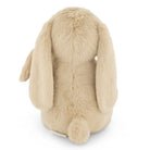 Back view of a beige plush bunny with long, floppy ears and a fluffy tail.

