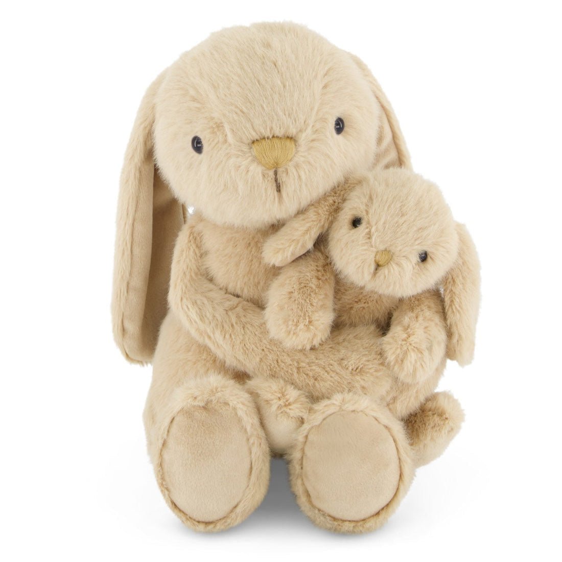 Stuffed tan rabbit with a baby rabbit.