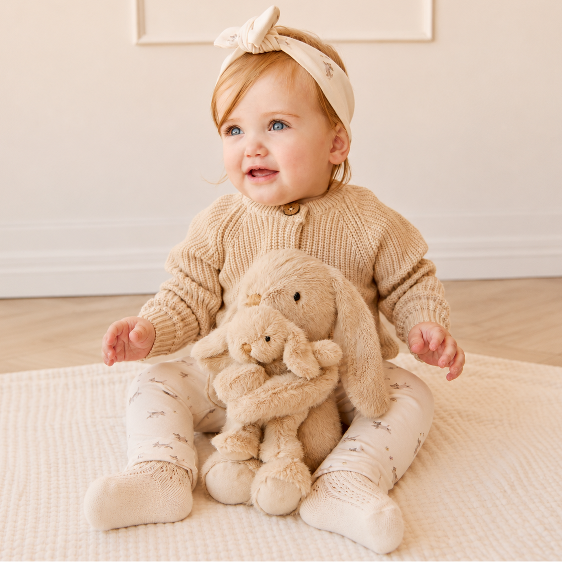 Soft beige plush bunny set with mama and baby hugging, by Snuggle Bunnies, shown with baby in knitted sweater and patterned leggings, sitting on textured rug.